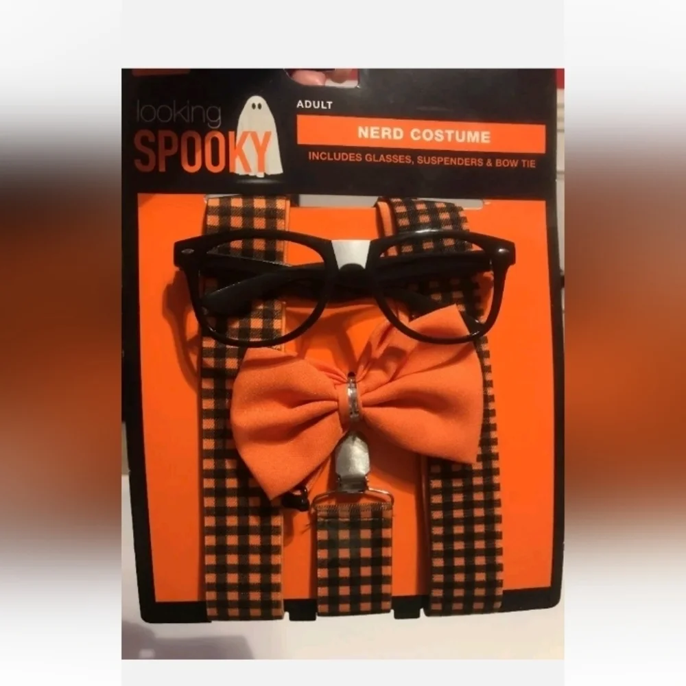 ADULT Nerd Costume Black Glasses, Suspenders, Bow Tie NEW